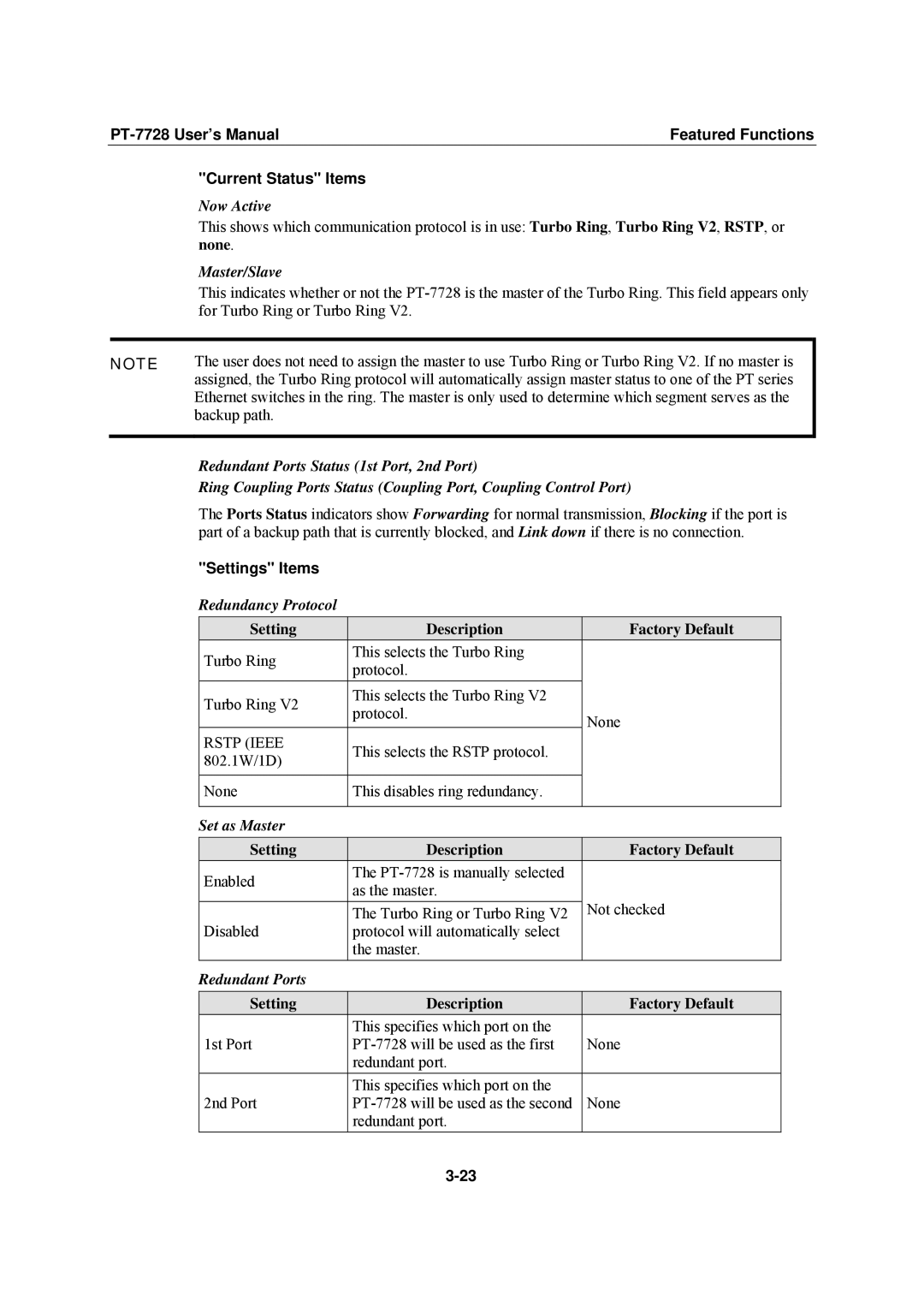 Moxa Technologies PT-7728 user manual Now Active, Master/Slave, Redundancy Protocol, Set as Master, Redundant Ports 