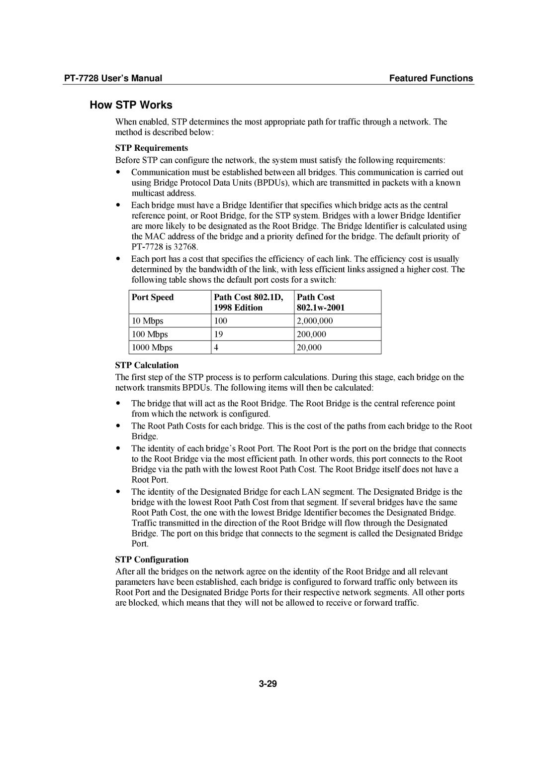 Moxa Technologies PT-7728 user manual How STP Works, STP Requirements, Port Speed Path Cost 802.1D Edition 802.1w-2001 