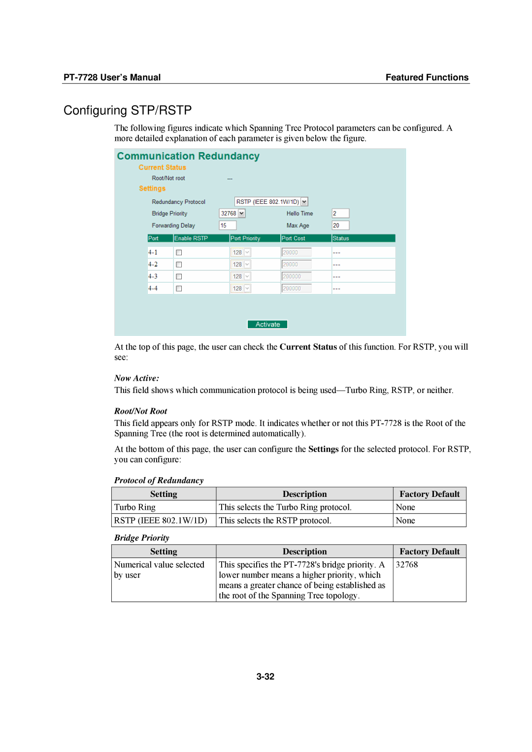 Moxa Technologies PT-7728 user manual Configuring STP/RSTP, Root/Not Root, Protocol of Redundancy, Bridge Priority 