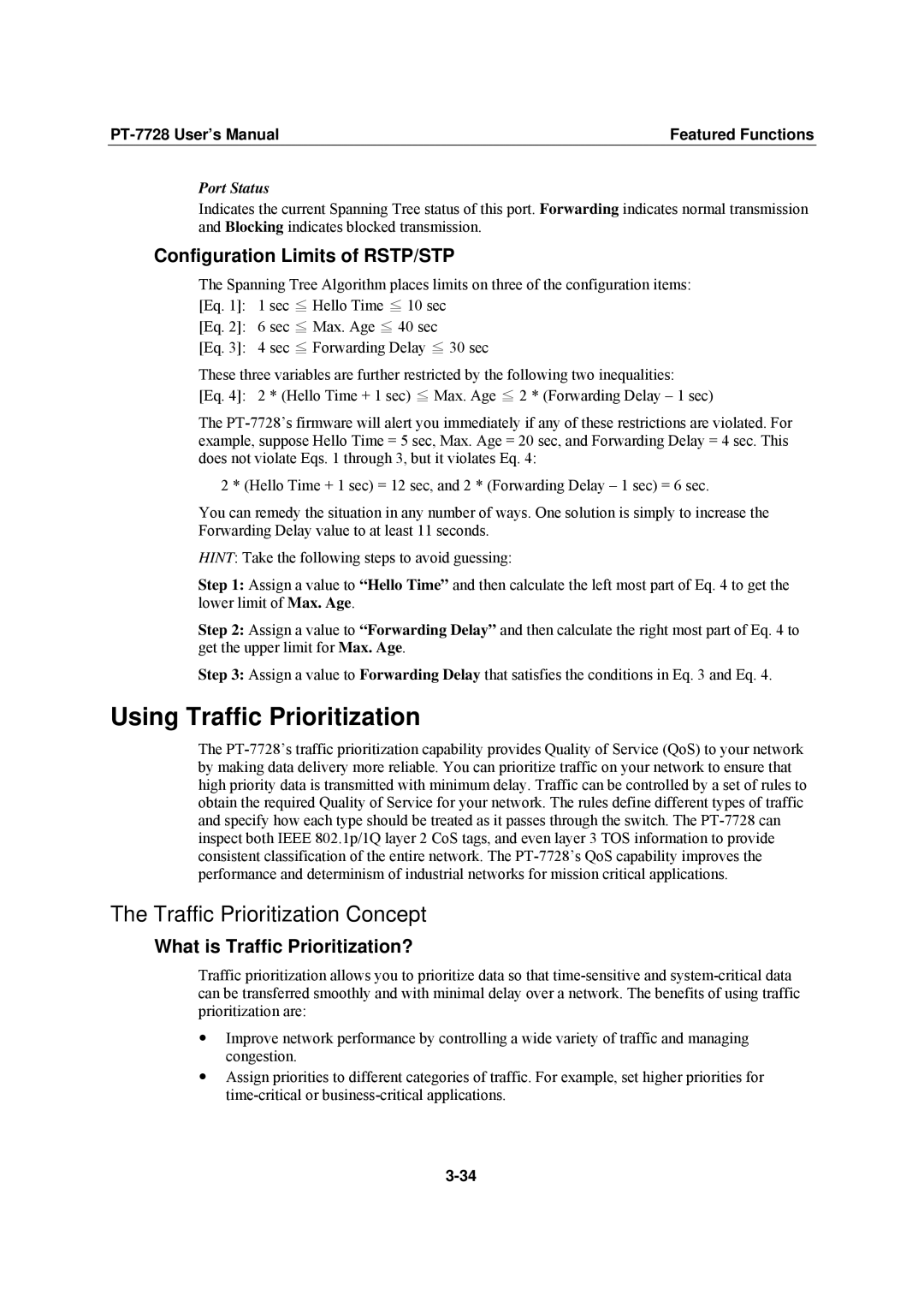 Moxa Technologies PT-7728 Using Traffic Prioritization, Traffic Prioritization Concept, Configuration Limits of RSTP/STP 