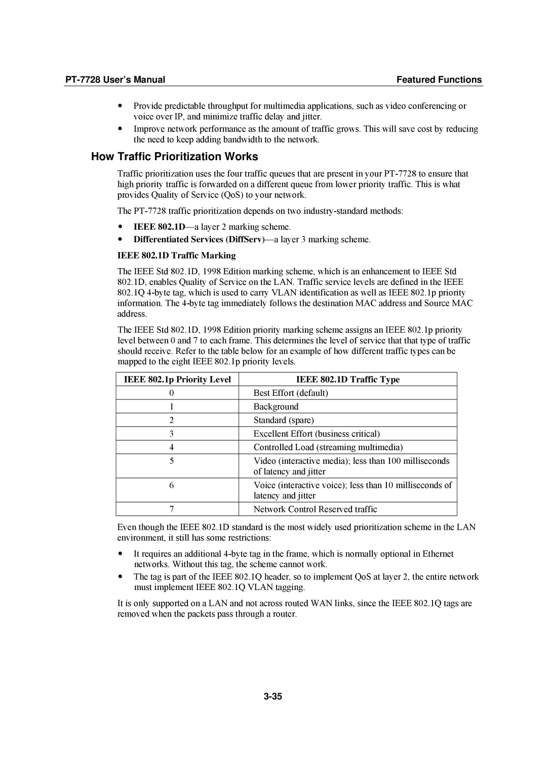 Moxa Technologies PT-7728 user manual How Traffic Prioritization Works, Ieee 802.1p Priority Level Ieee 802.1D Traffic Type 