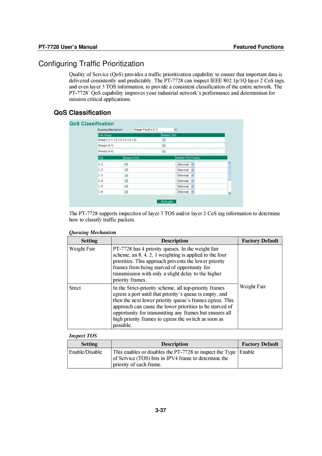 Moxa Technologies PT-7728 Configuring Traffic Prioritization, QoS Classification, Queuing Mechanism, Inspect TOS 