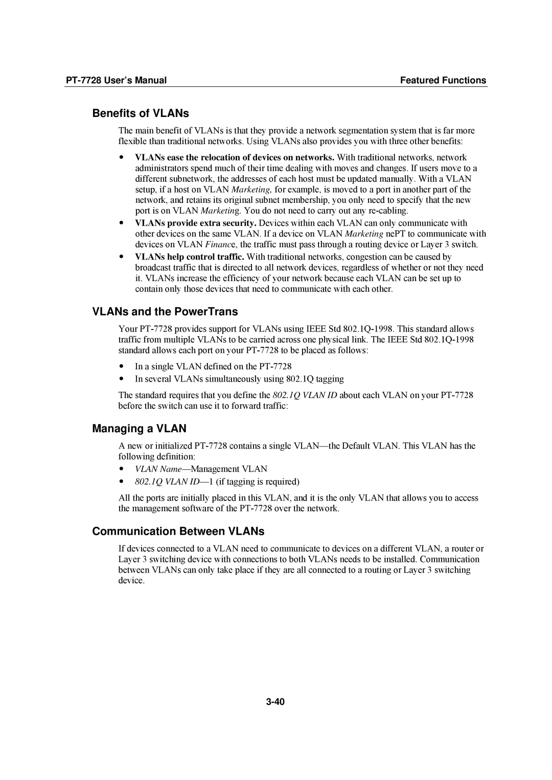 Moxa Technologies PT-7728 Benefits of VLANs, VLANs and the PowerTrans, Managing a Vlan, Communication Between VLANs 