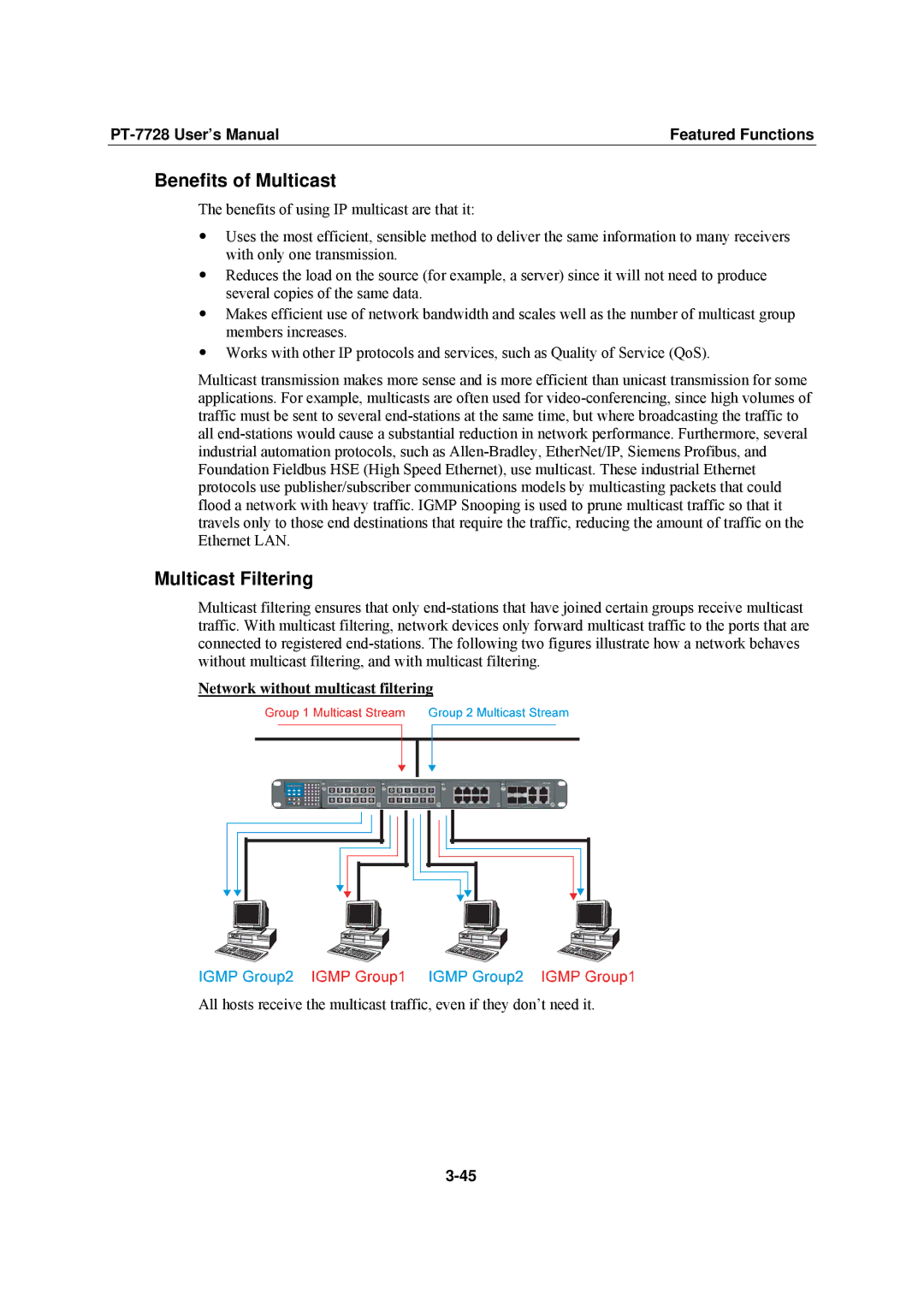 Moxa Technologies PT-7728 user manual Benefits of Multicast, Multicast Filtering, Network without multicast filtering 