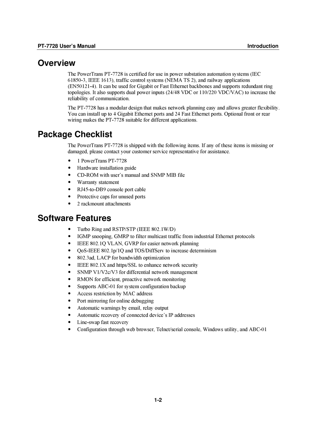 Moxa Technologies PT-7728 user manual Overview, Package Checklist, Software Features 