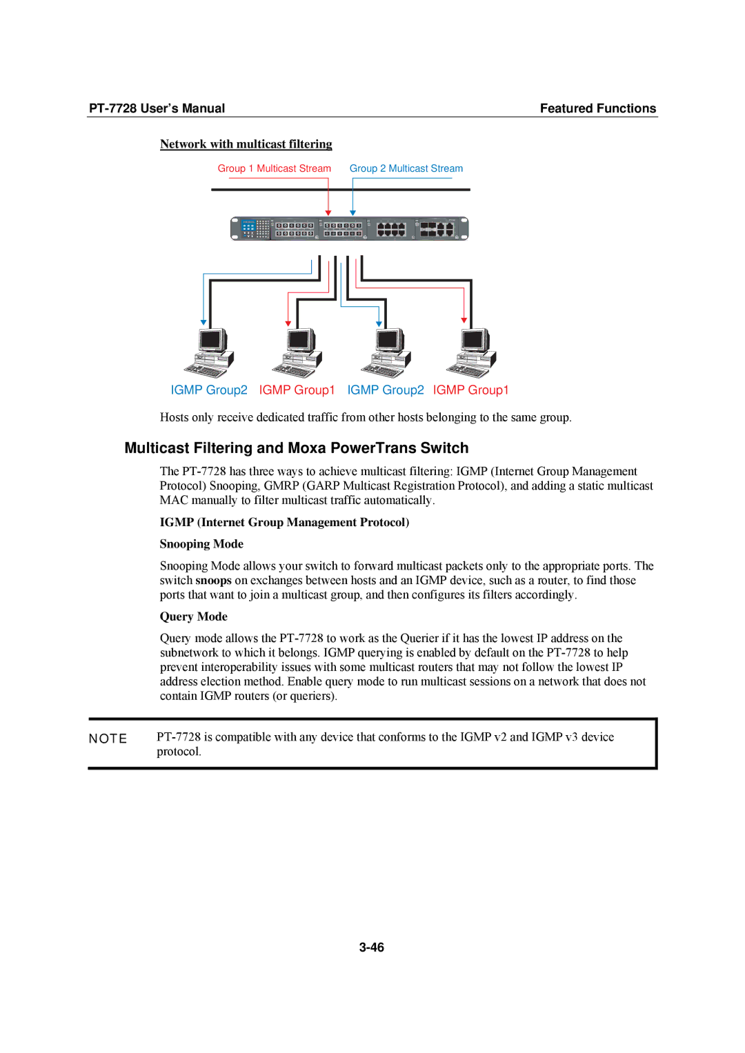 Moxa Technologies PT-7728 Multicast Filtering and Moxa PowerTrans Switch, Network with multicast filtering, Query Mode 