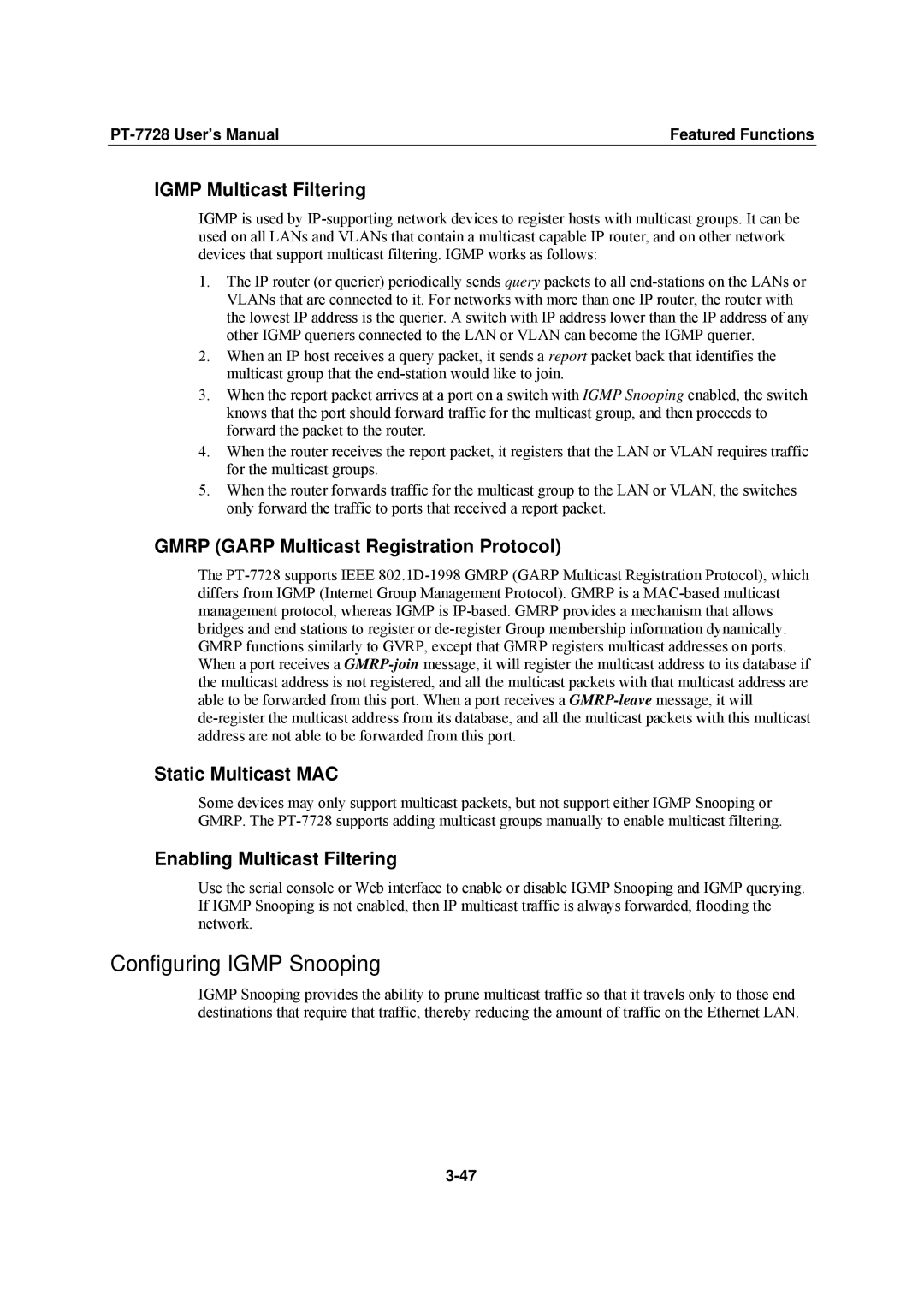 Moxa Technologies PT-7728 Configuring Igmp Snooping, Igmp Multicast Filtering, Gmrp Garp Multicast Registration Protocol 