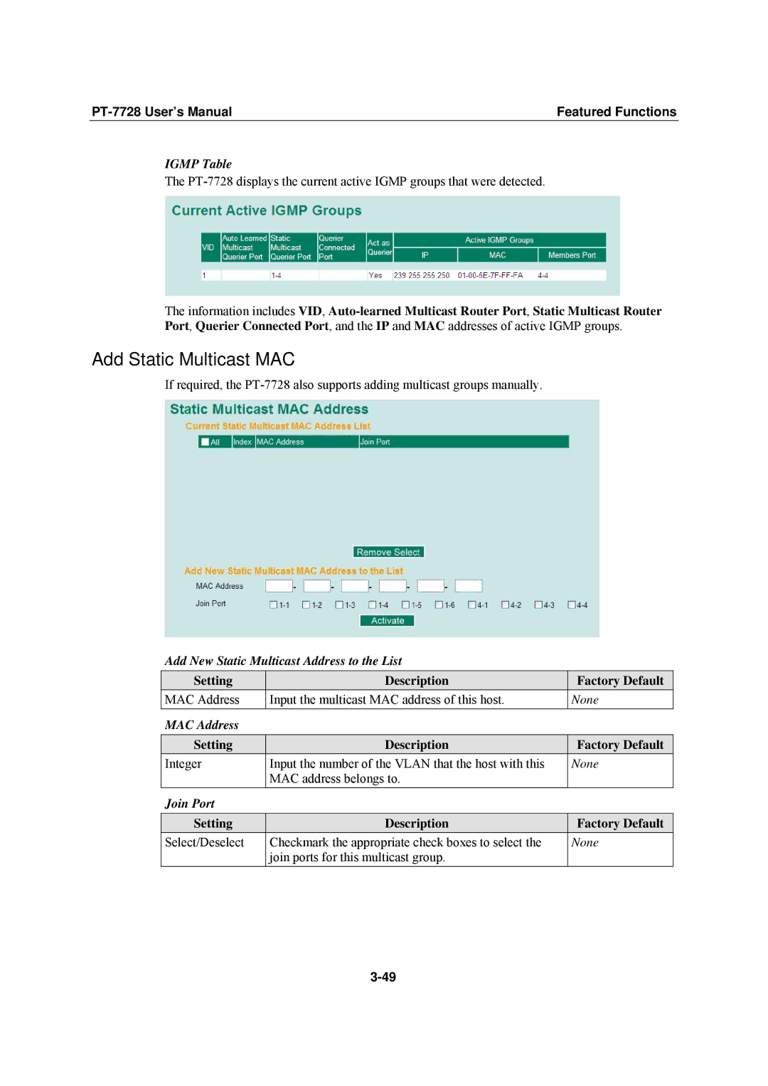 Moxa Technologies PT-7728 user manual Add Static Multicast MAC 