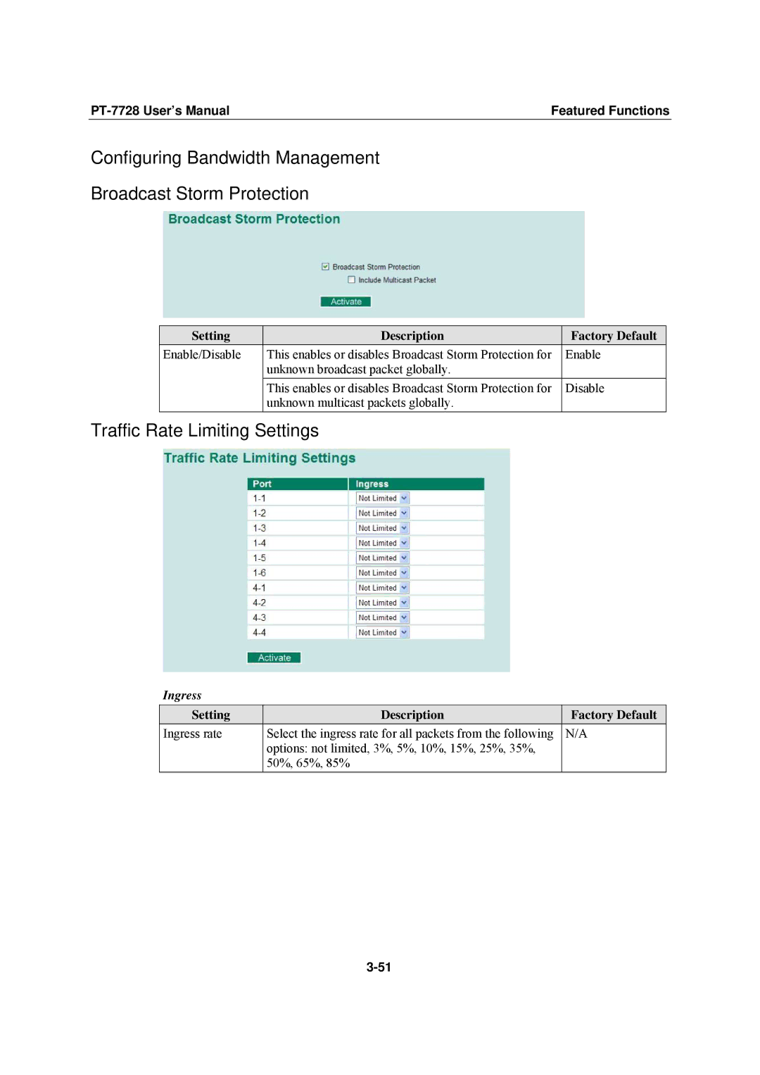 Moxa Technologies PT-7728 Configuring Bandwidth Management Broadcast Storm Protection, Traffic Rate Limiting Settings 