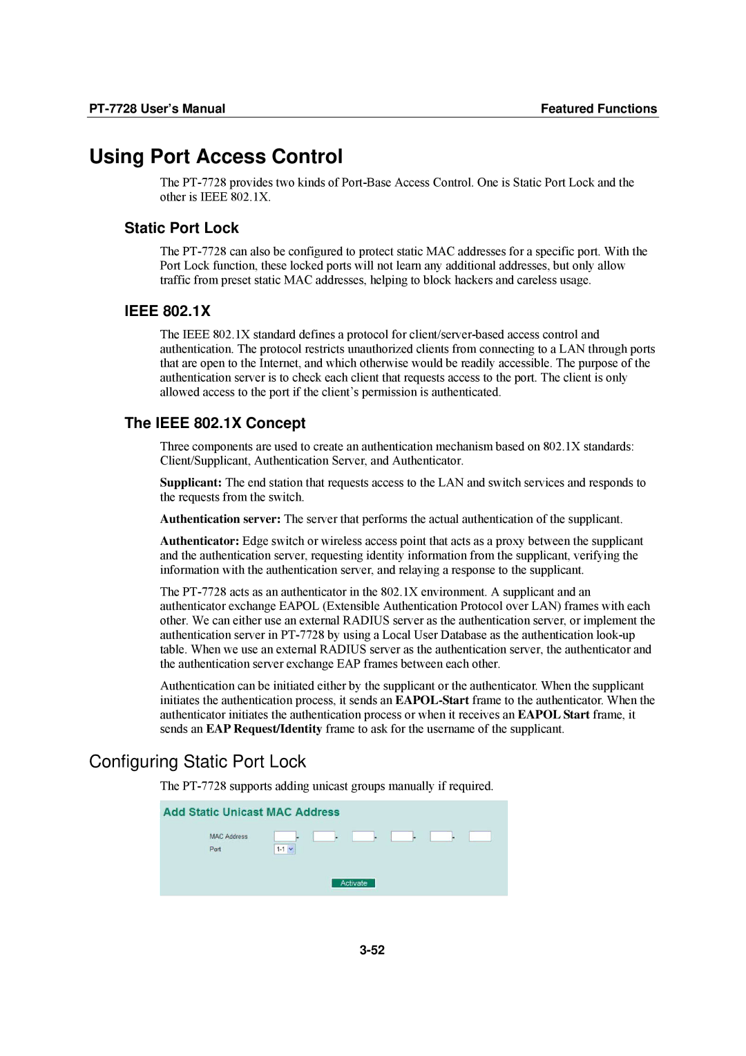 Moxa Technologies PT-7728 user manual Using Port Access Control, Configuring Static Port Lock, Ieee 802.1X Concept 