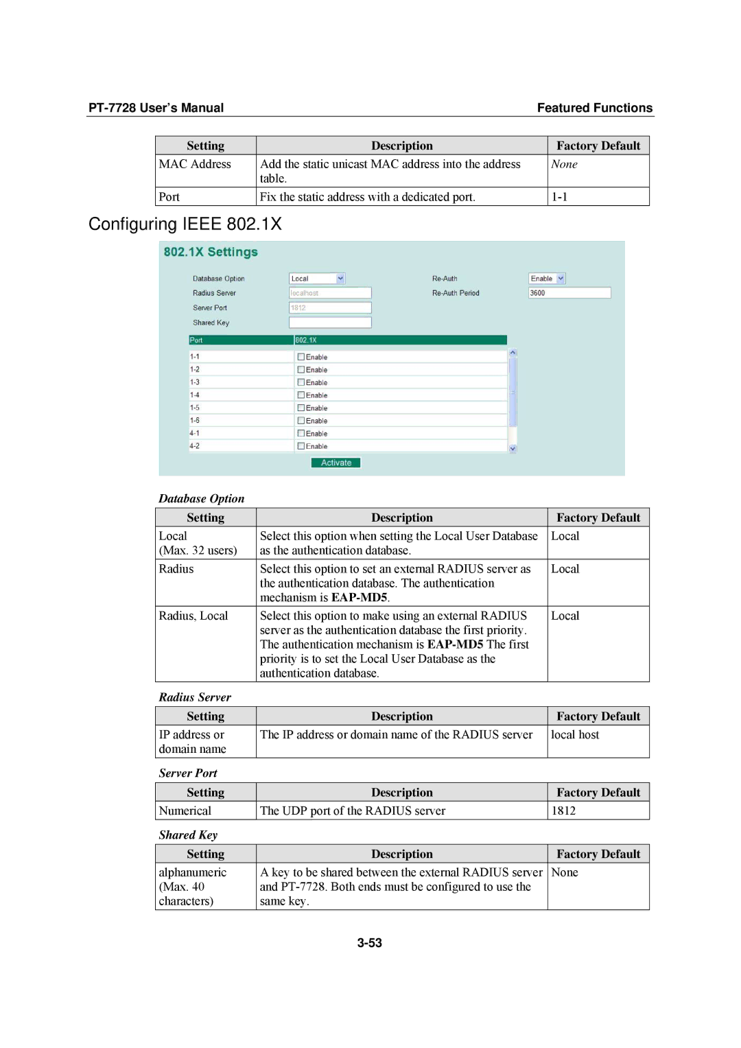 Moxa Technologies PT-7728 user manual Configuring Ieee, Database Option, Radius Server, Server Port, Shared Key 