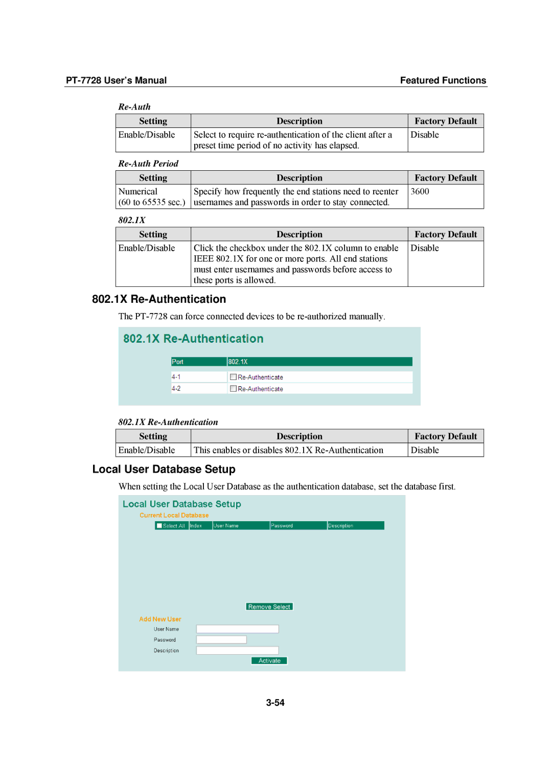 Moxa Technologies PT-7728 user manual 802.1X Re-Authentication, Local User Database Setup 