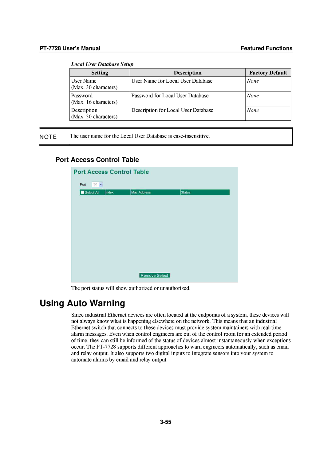 Moxa Technologies PT-7728 user manual Using Auto Warning, Port Access Control Table, Local User Database Setup 