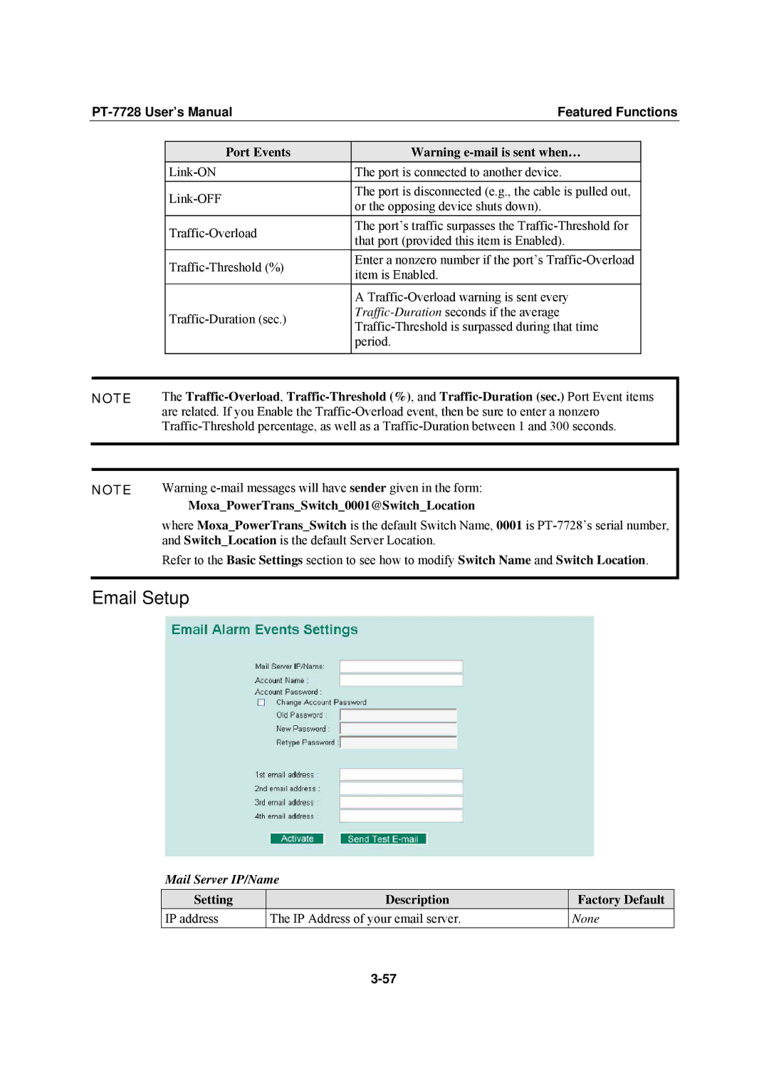 Moxa Technologies PT-7728 Email Setup, Port Events, MoxaPowerTransSwitch0001@SwitchLocation, Mail Server IP/Name 