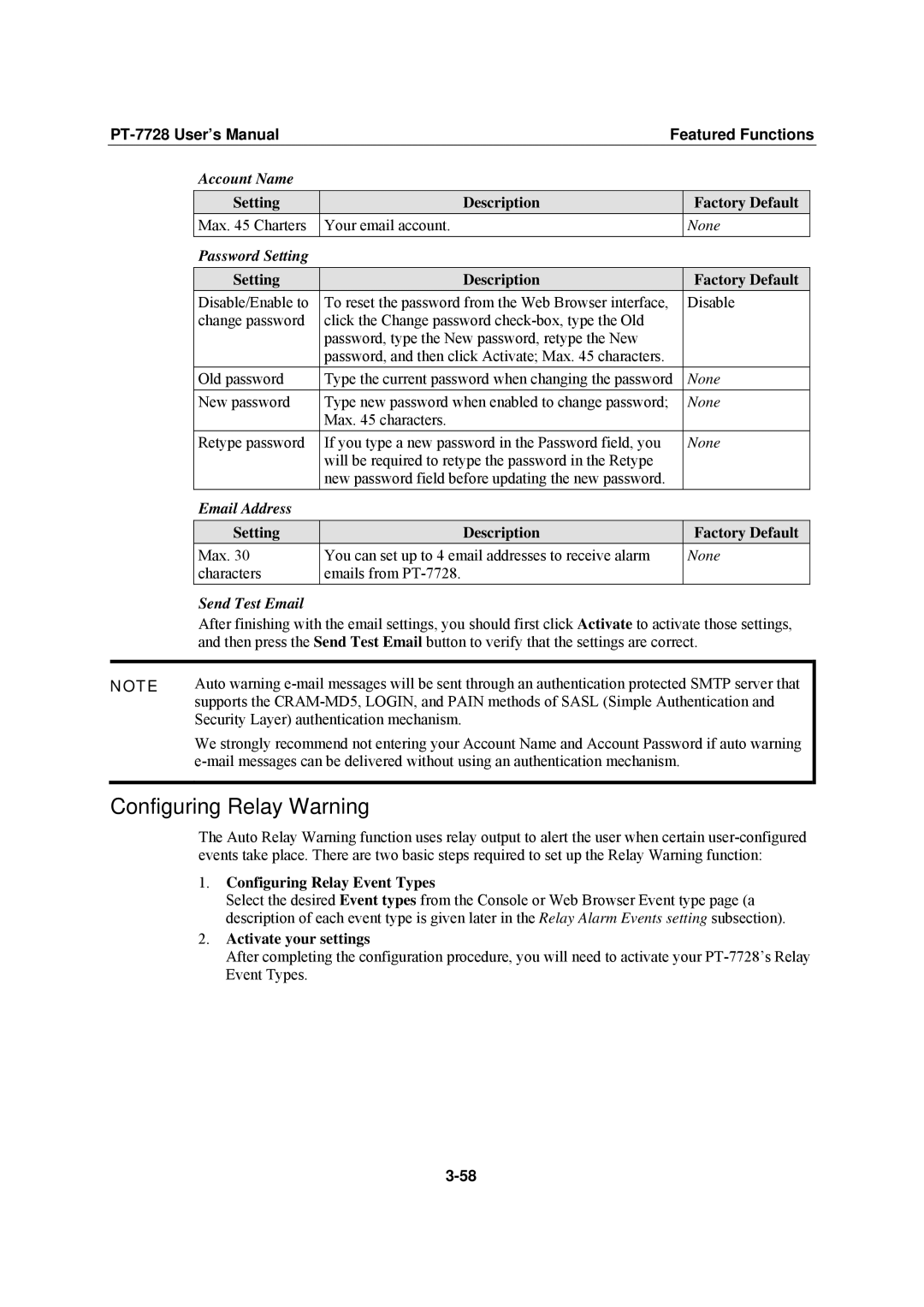 Moxa Technologies PT-7728 Configuring Relay Warning, Account Name, Password Setting, Email Address, Send Test Email 