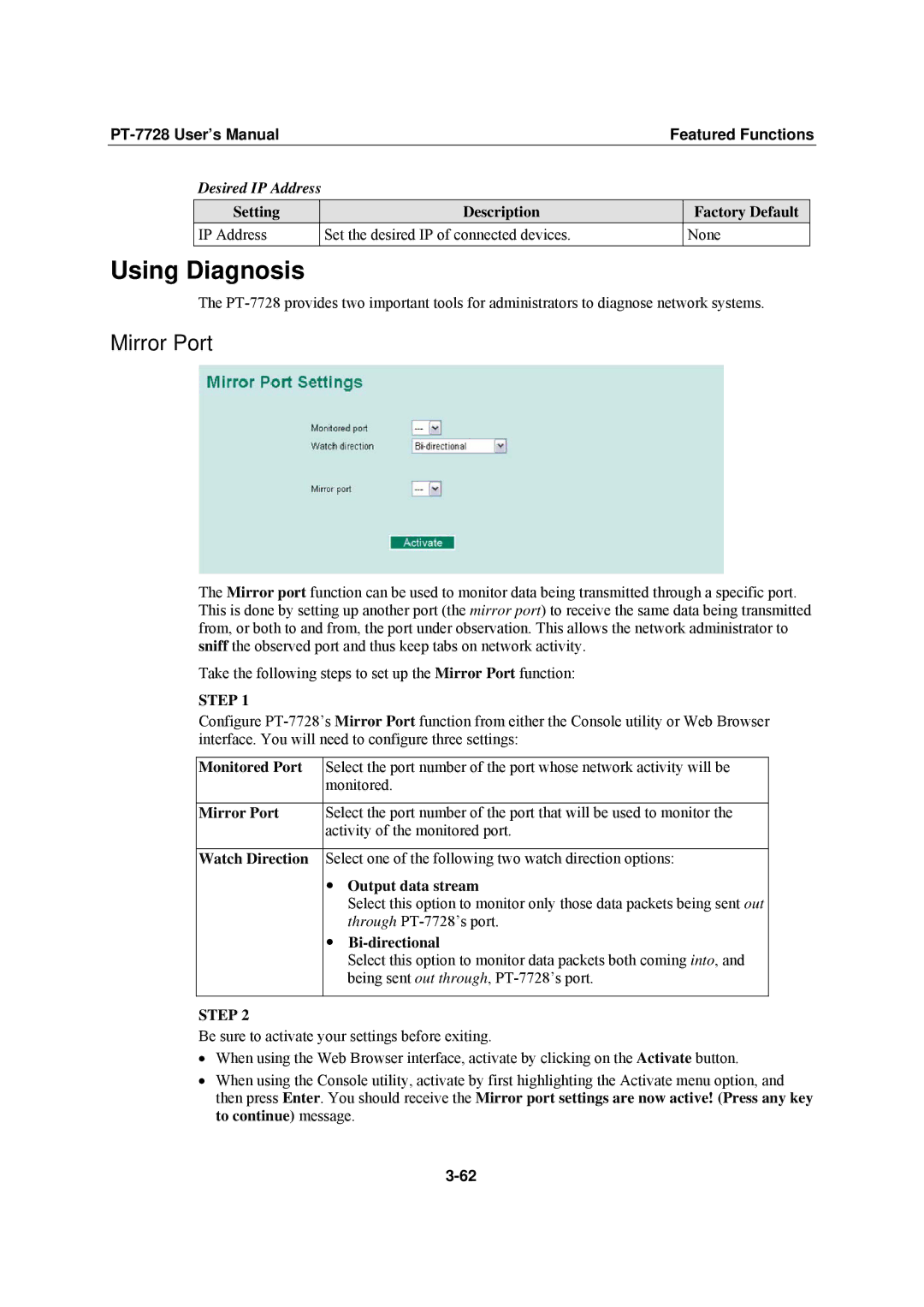 Moxa Technologies PT-7728 user manual Using Diagnosis, Mirror Port 