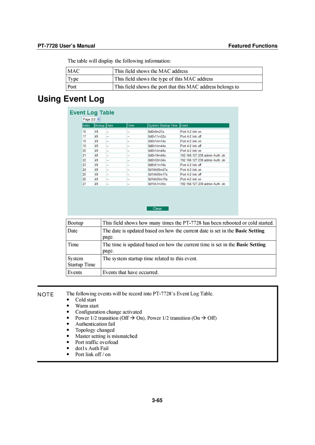 Moxa Technologies PT-7728 user manual Using Event Log, Mac 