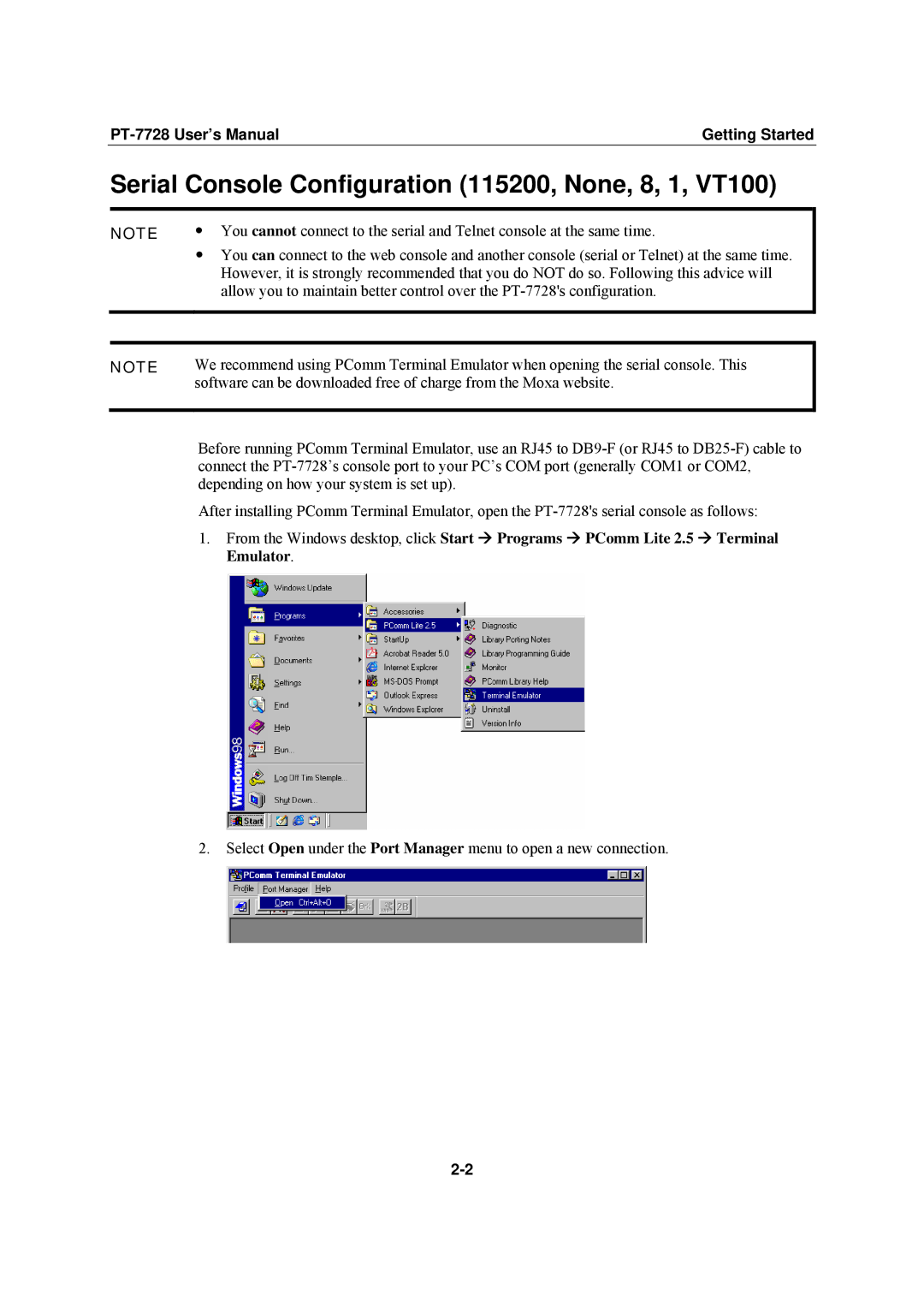 Moxa Technologies PT-7728 user manual Serial Console Configuration 115200, None, 8, 1, VT100 