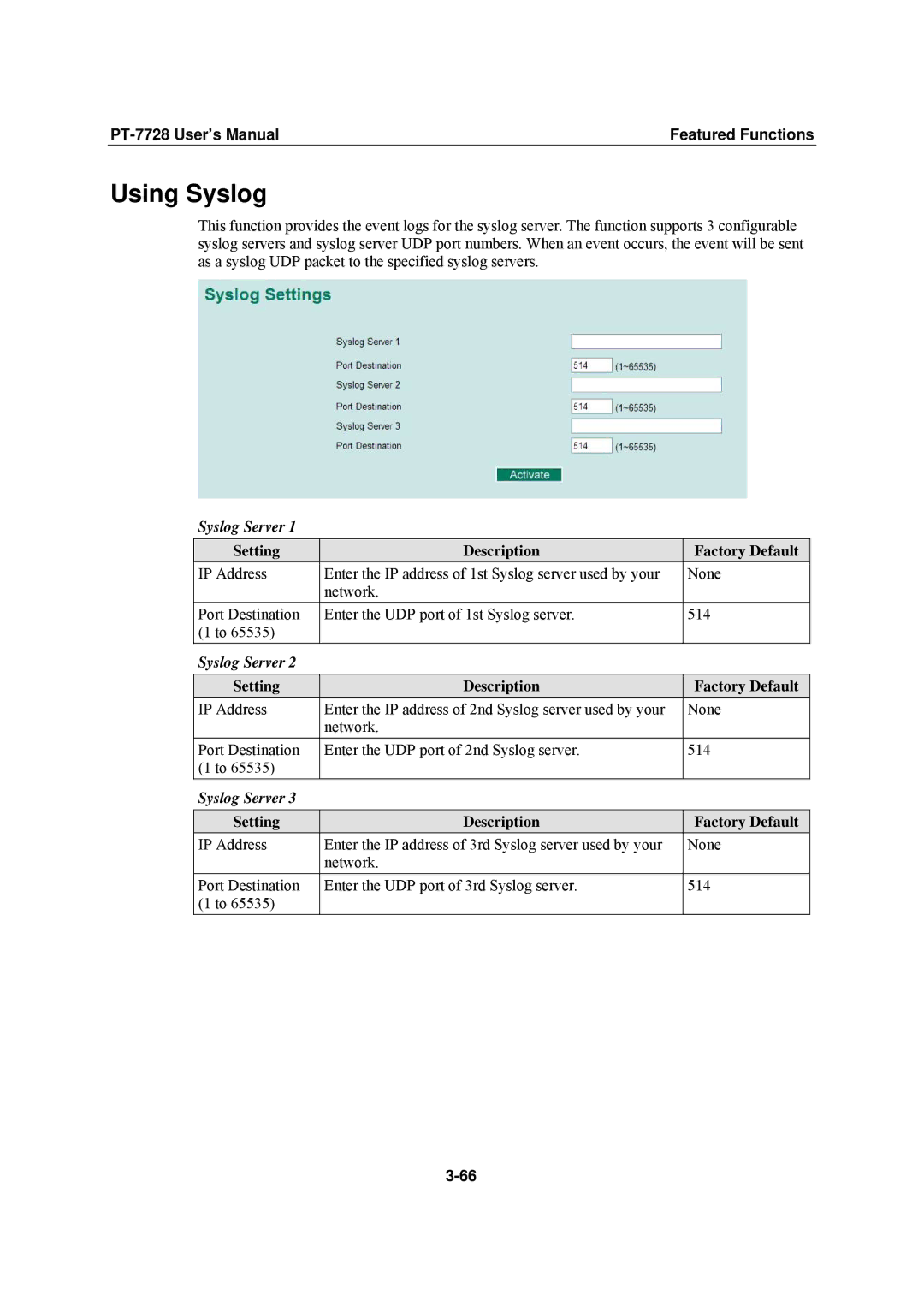 Moxa Technologies PT-7728 user manual Using Syslog, Syslog Server 