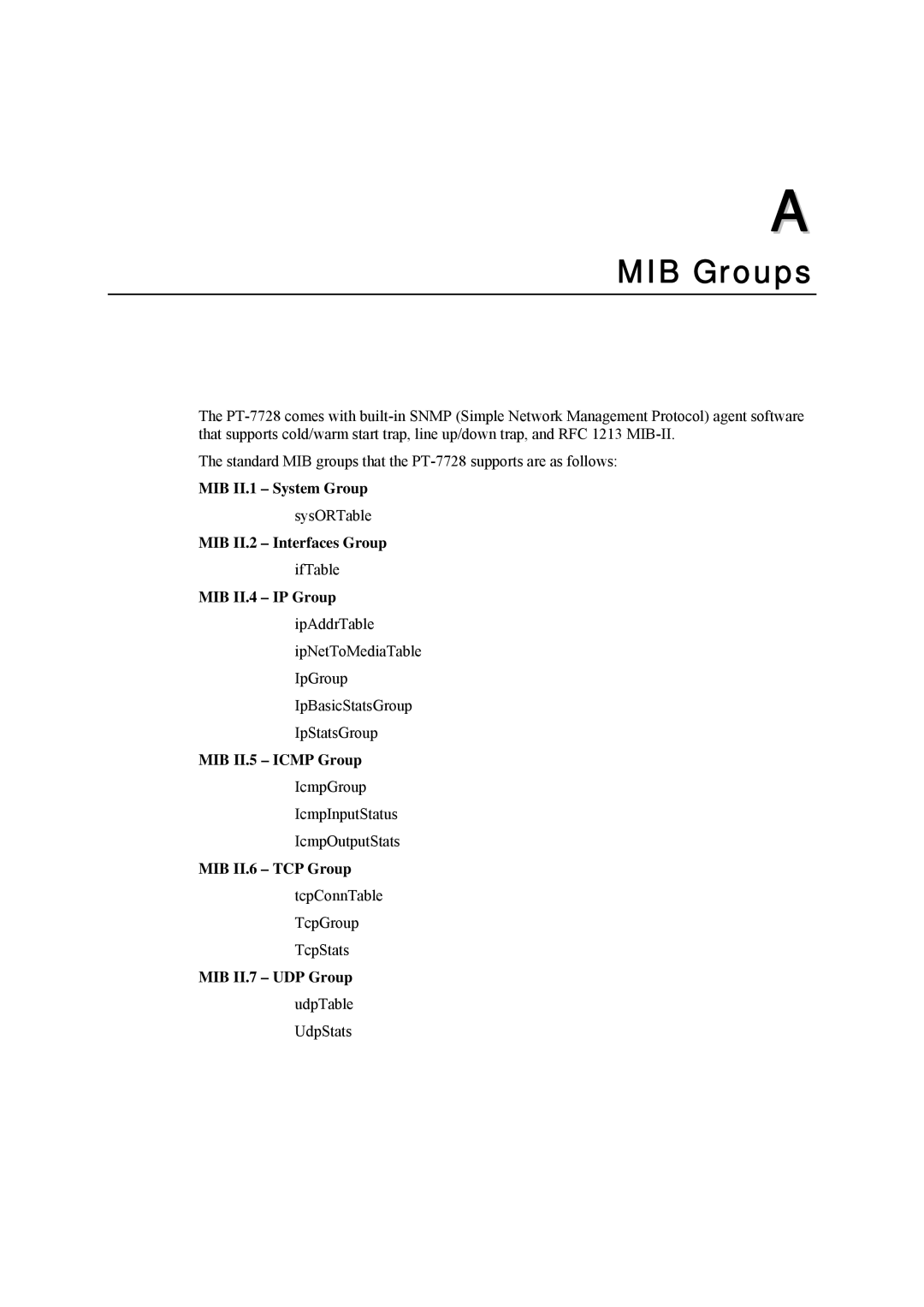 Moxa Technologies PT-7728 MIB II.1 System Group, MIB II.2 Interfaces Group, MIB II.4 IP Group, MIB II.5 Icmp Group 