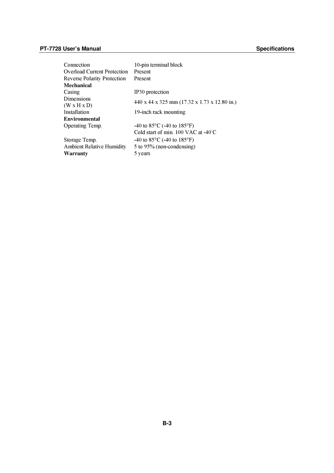 Moxa Technologies PT-7728 user manual Mechanical, Environmental, Warranty 