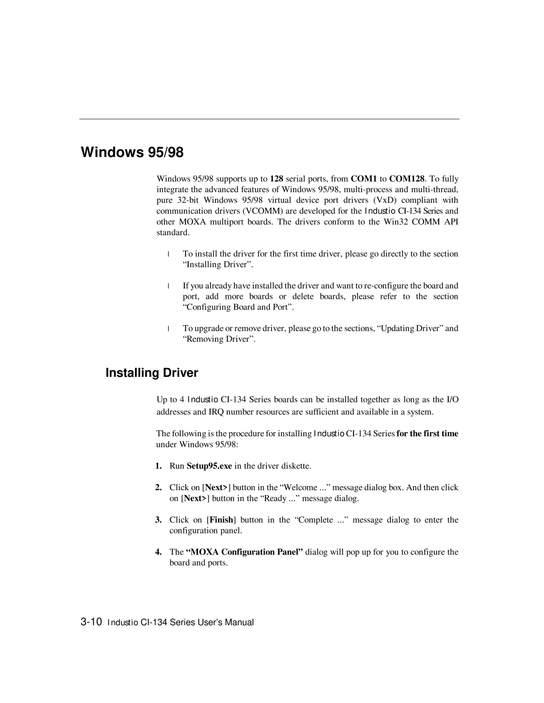 Moxa Technologies RS-485, RS-422 user manual Windows 95/98, Installing Driver 