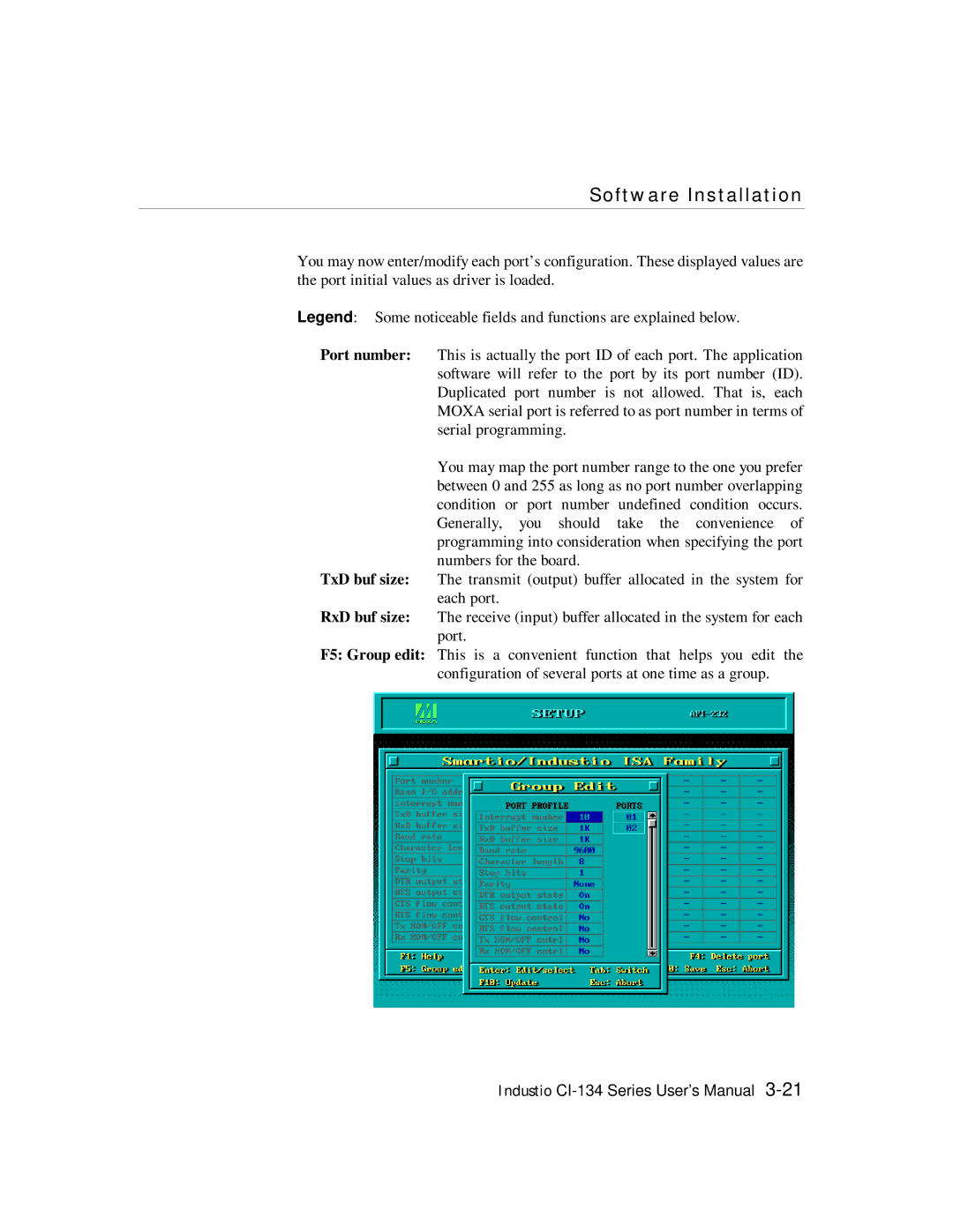 Moxa Technologies RS-422, RS-485 user manual Por t number TxD buf size RxD buf size F5 Gr oup edit 