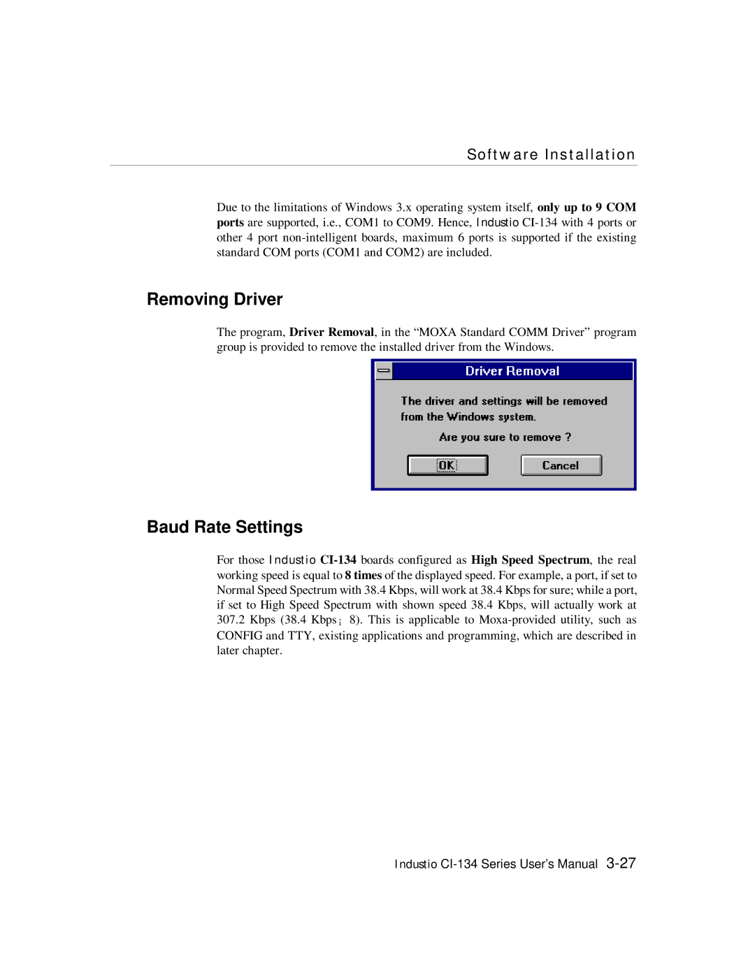 Moxa Technologies RS-422, RS-485 user manual Removing Driver, Baud Rate Settings 