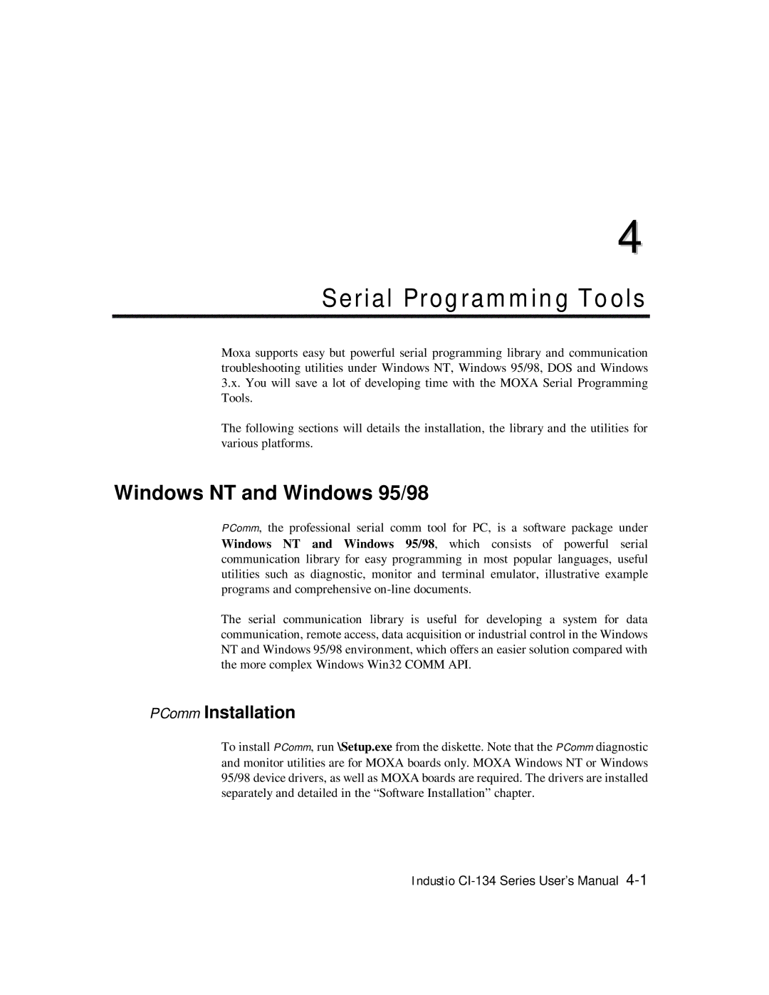 Moxa Technologies RS-422, RS-485 user manual Serial Programming Tools, Windows NT and Windows 95/98, PComm Installation 