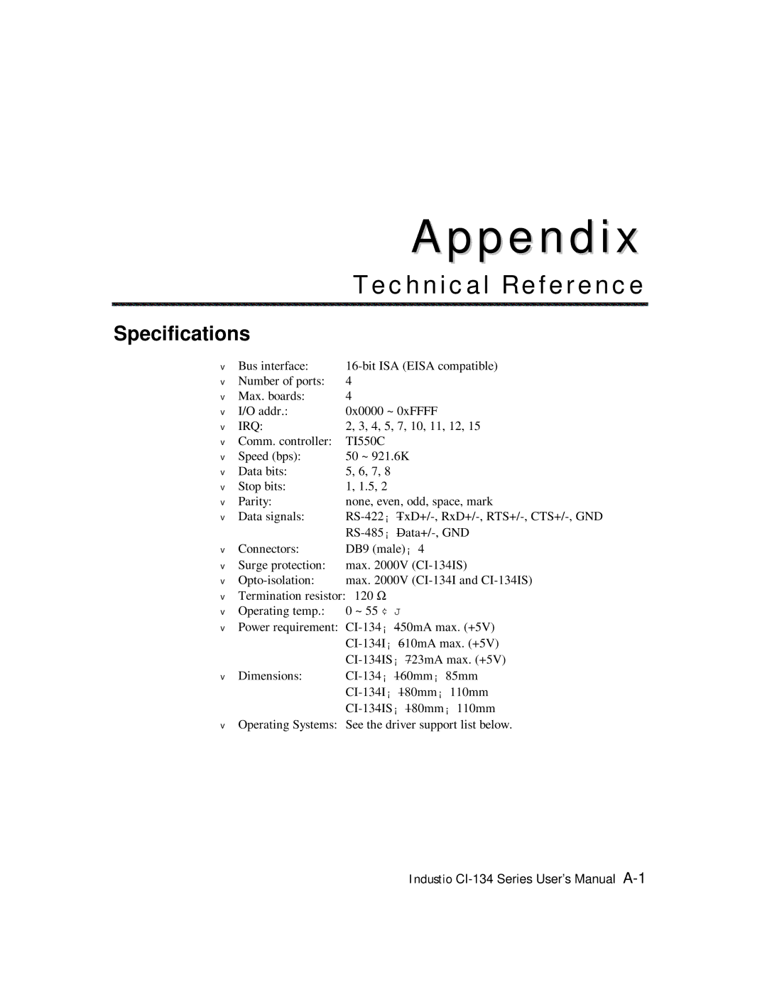 Moxa Technologies RS-422, RS-485 user manual Technical Reference, Specifications 