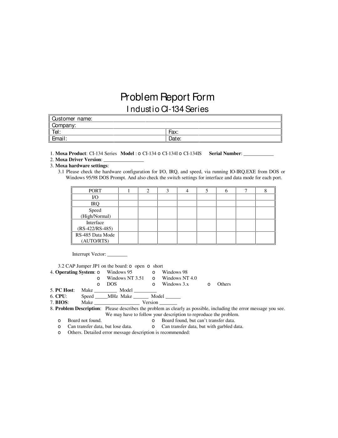 Moxa Technologies RS-485, RS-422 user manual Problem Report Form 