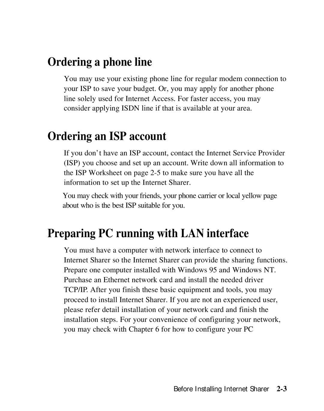 Moxa Technologies SD1000 Ordering a phone line, Ordering an ISP account, Preparing PC running with LAN interface 