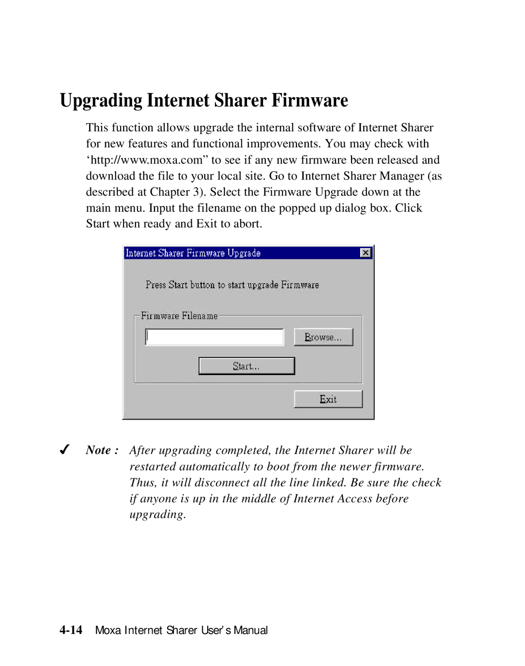 Moxa Technologies SD1000 user manual Upgrading Internet Sharer Firmware 