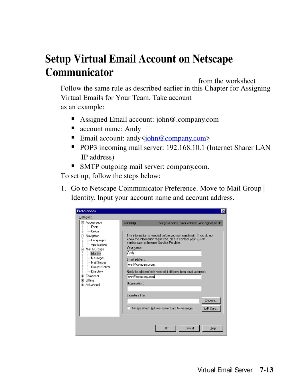 Moxa Technologies SD1000 user manual Setup Virtual Email Account on Netscape Communicator 