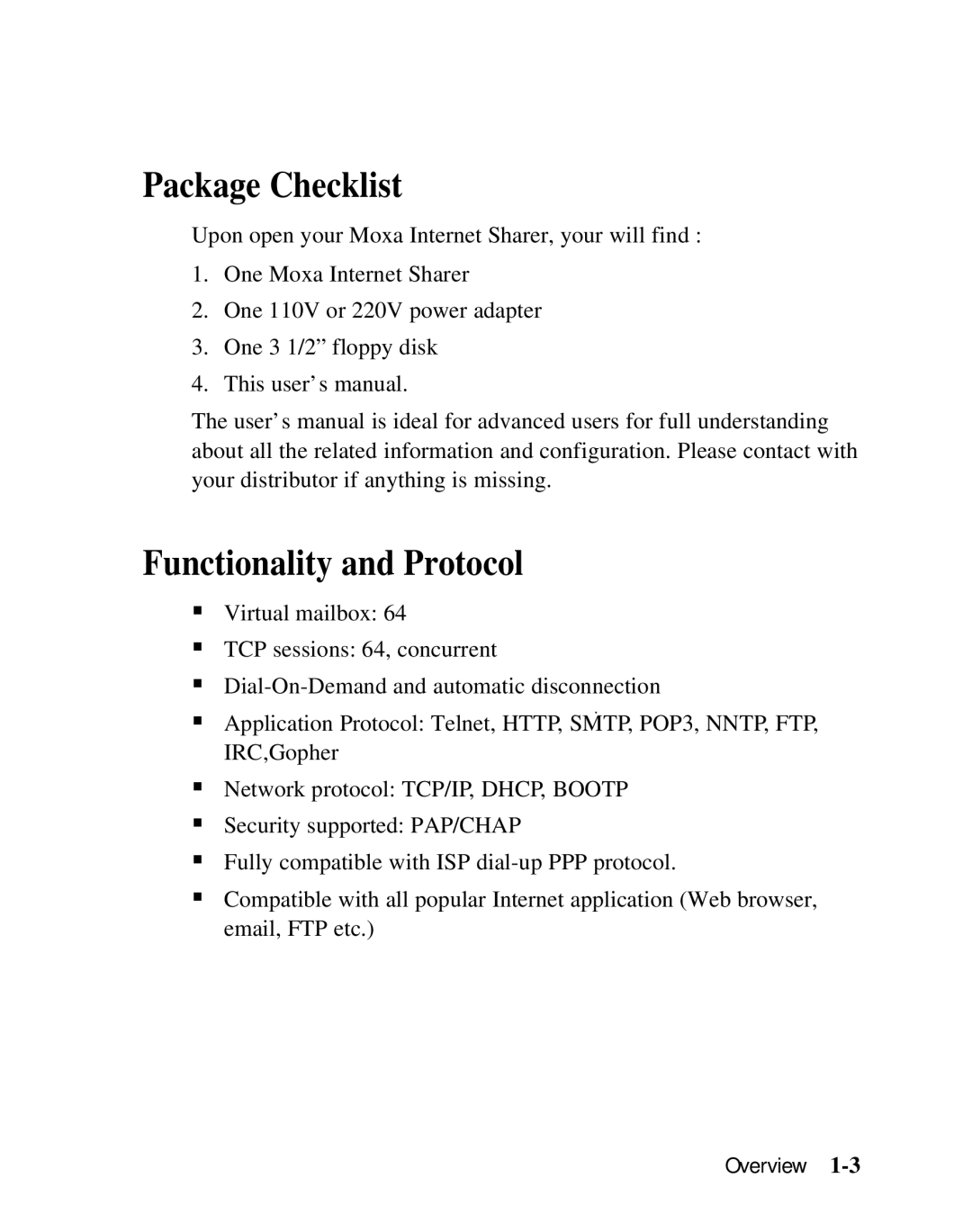 Moxa Technologies SD1000 user manual Package Checklist, Functionality and Protocol 