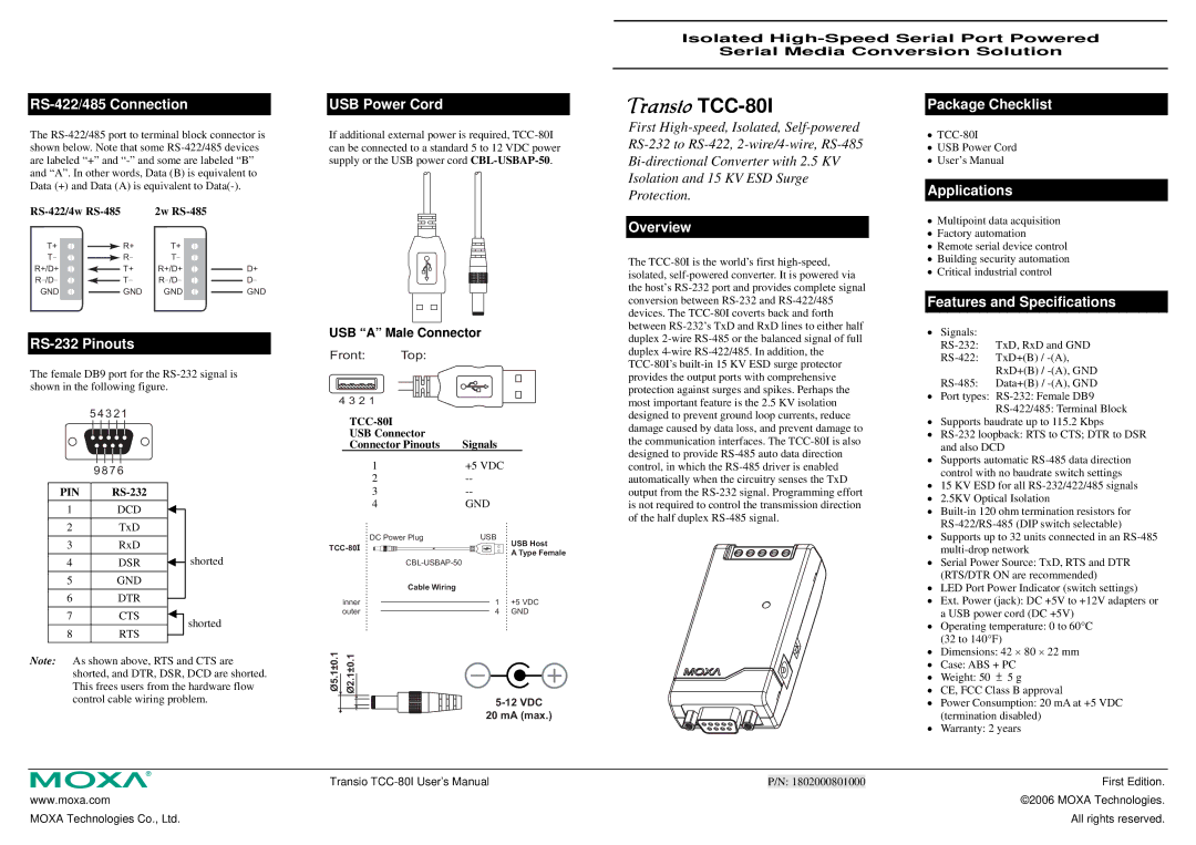 Moxa Technologies TCC-80I specifications RS-422/485 Connection, RS-232 Pinouts, USB Power Cord, Overview, Applications 