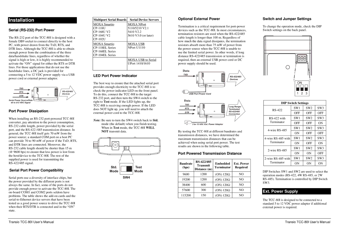 Moxa Technologies TCC-80I specifications Ext. Power Supply 