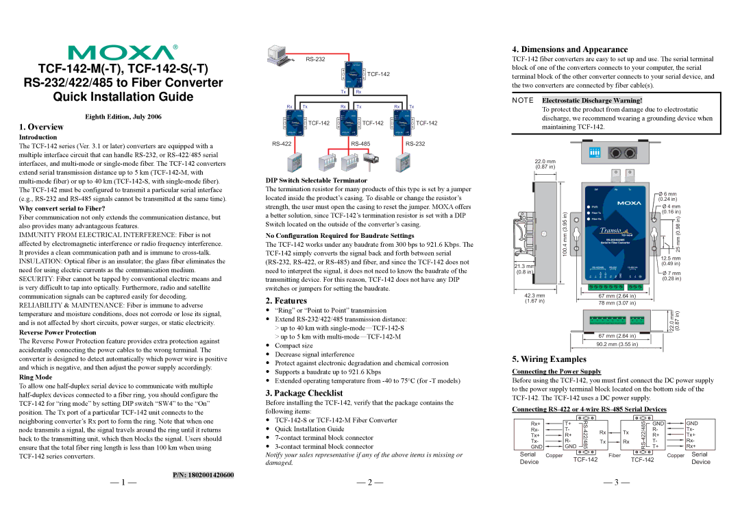 Moxa Technologies TCF-142-M(-T), TCF-142-S(-T) dimensions Overview, Dimensions and Appearance, Features, Package Checklist 