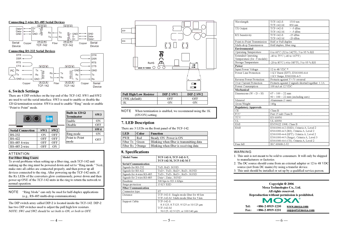 Moxa Technologies RS-232/422/485 to Fiber Converter, TCF-142-S(-T) Switch Settings, LED Description, Specifications 