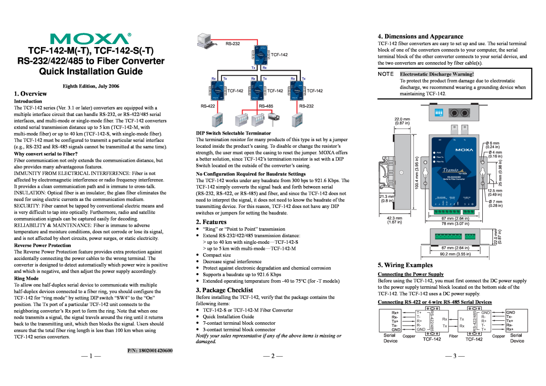 Moxa Technologies TCF-142-M(-T), TCF-142-S(-T) dimensions Overview, Dimensions and Appearance, Features, Package Checklist 