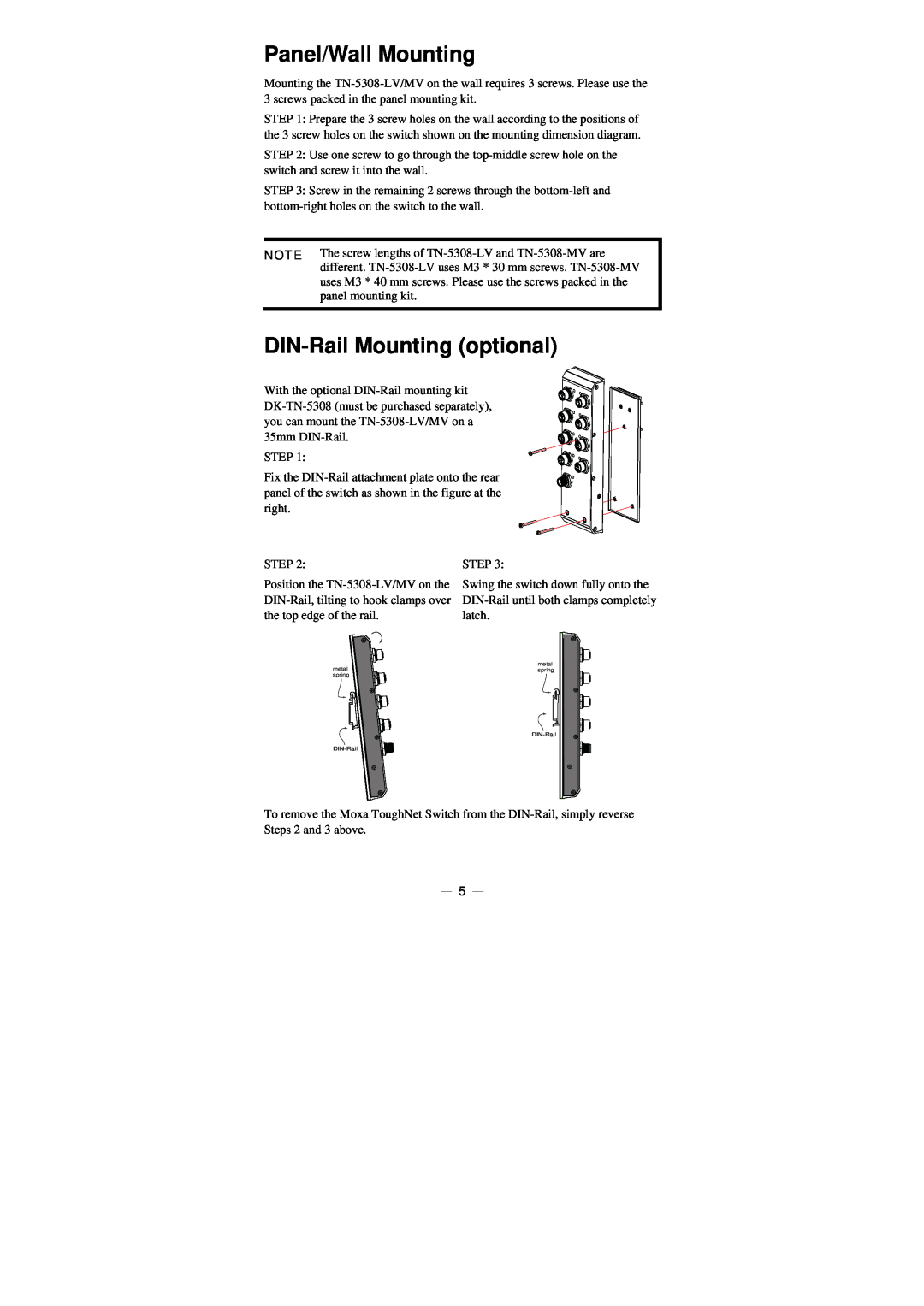 Moxa Technologies TN-5308 manual Panel/Wall Mounting, DIN-Rail Mounting optional 