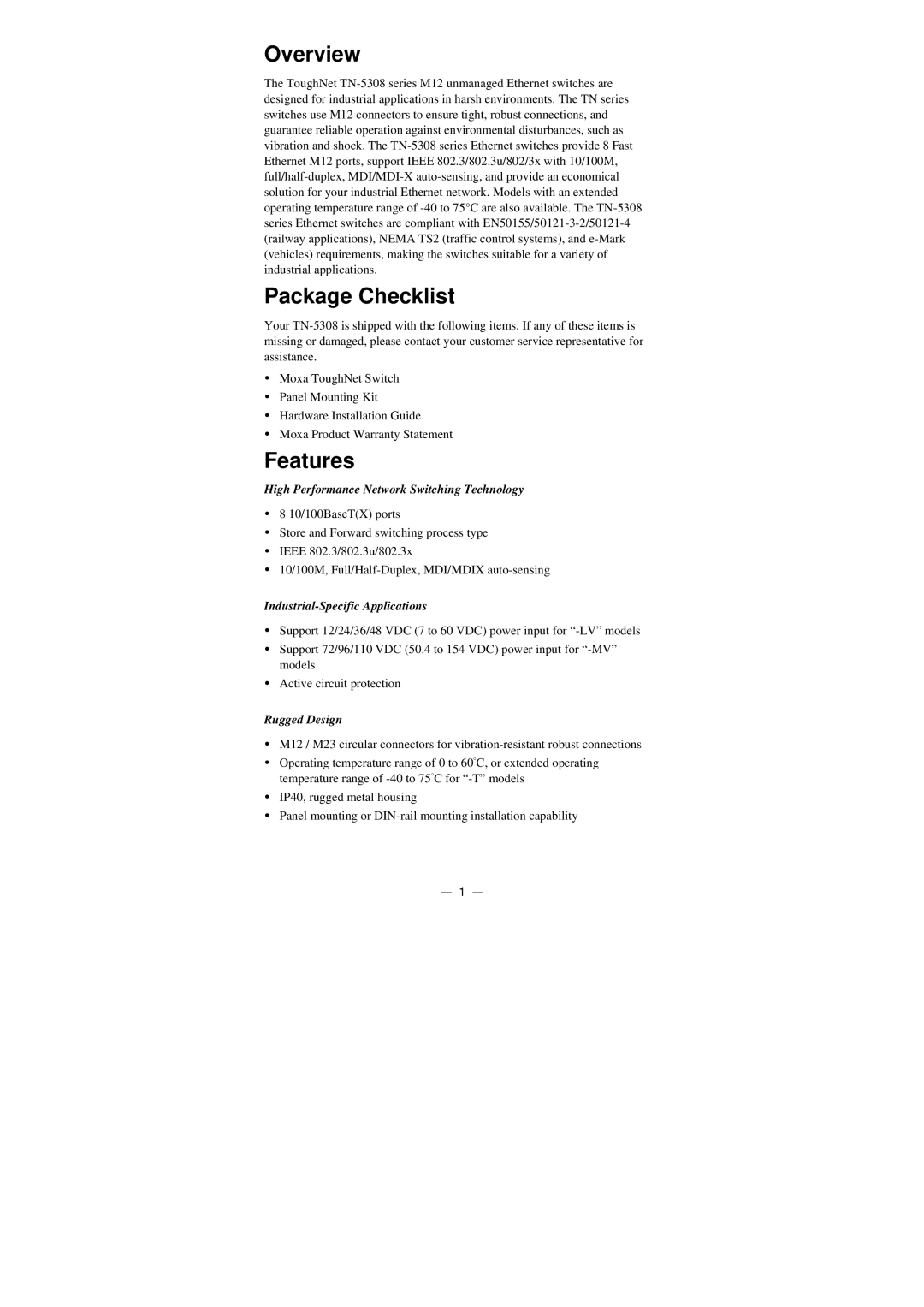 Moxa Technologies TN-5308 manual Overview, Package Checklist, Features 