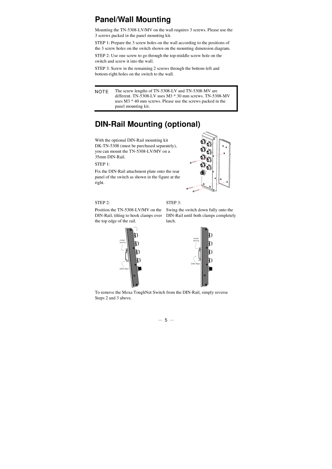 Moxa Technologies TN-5308 manual Panel/Wall Mounting, DIN-Rail Mounting optional 