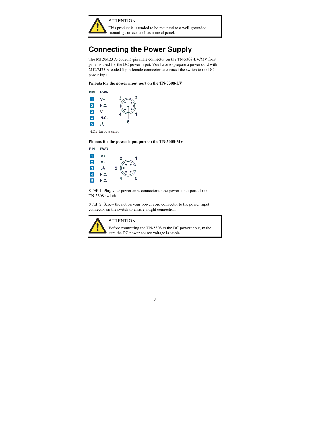 Moxa Technologies manual Connecting the Power Supply, Pinouts for the power input port on the TN-5308-LV 