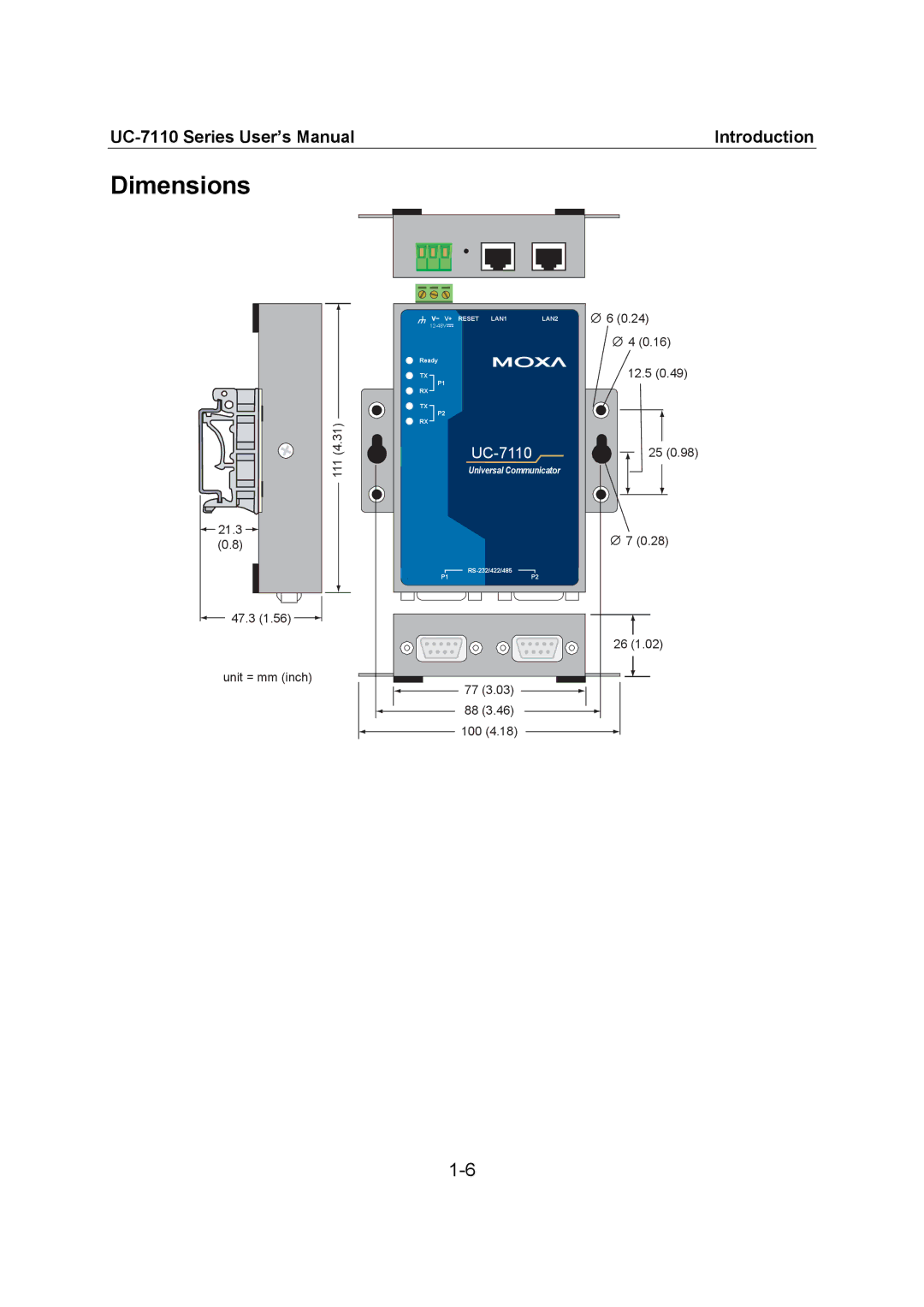 Moxa Technologies UC-7110 user manual Dimensions 