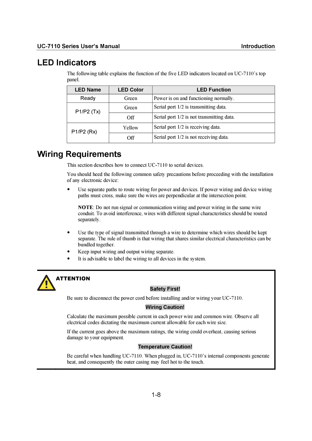 Moxa Technologies UC-7110 user manual LED Indicators, Wiring Requirements 