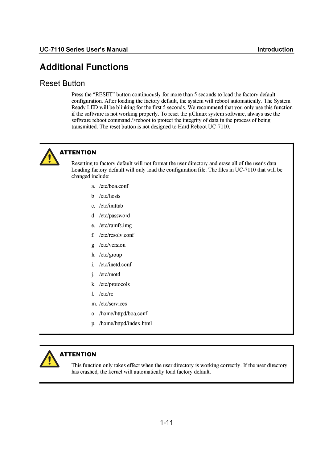 Moxa Technologies UC-7110 user manual Additional Functions, Reset Button 