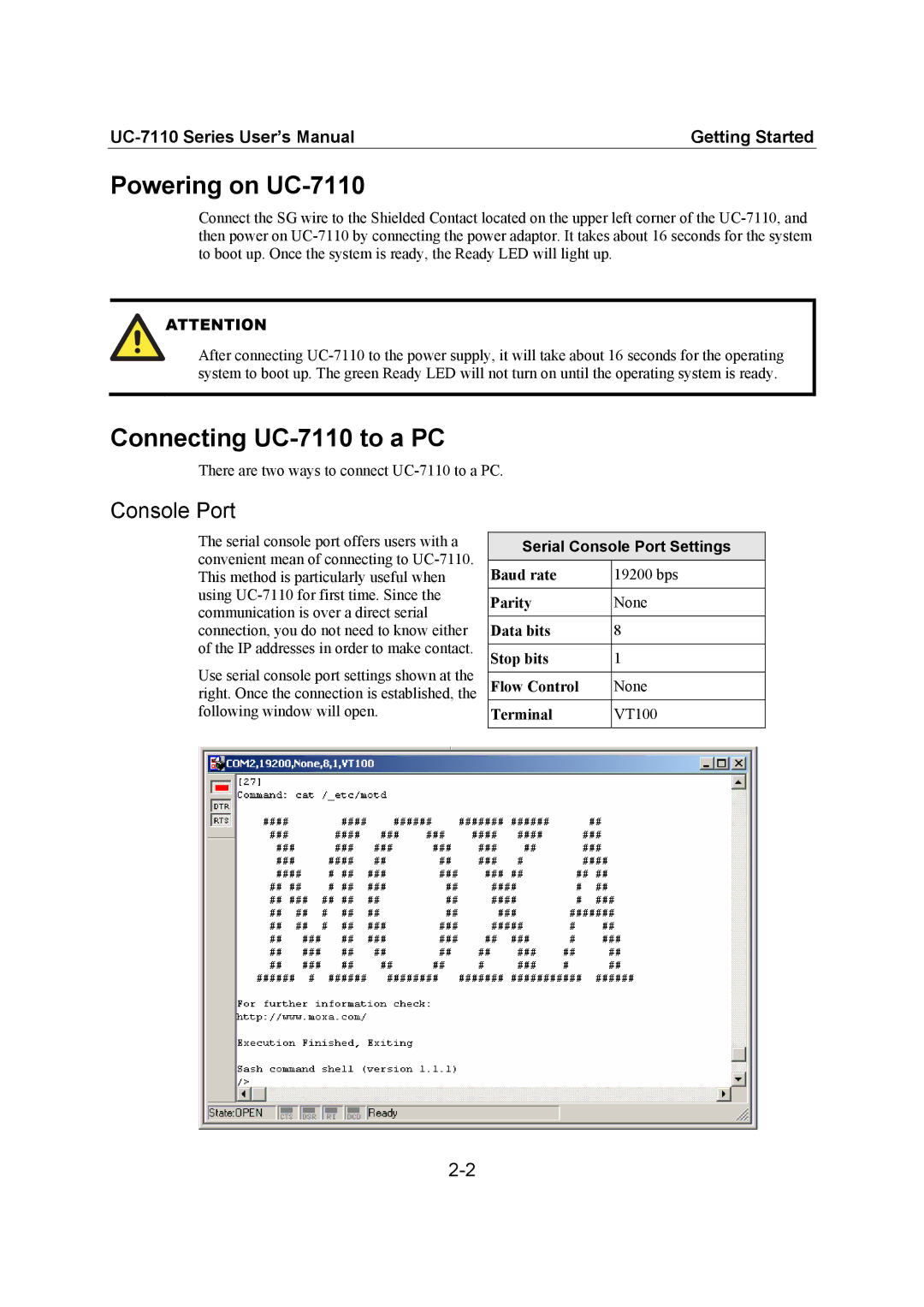 Moxa Technologies user manual Powering on UC-7110, Connecting UC-7110 to a PC, Console Port 