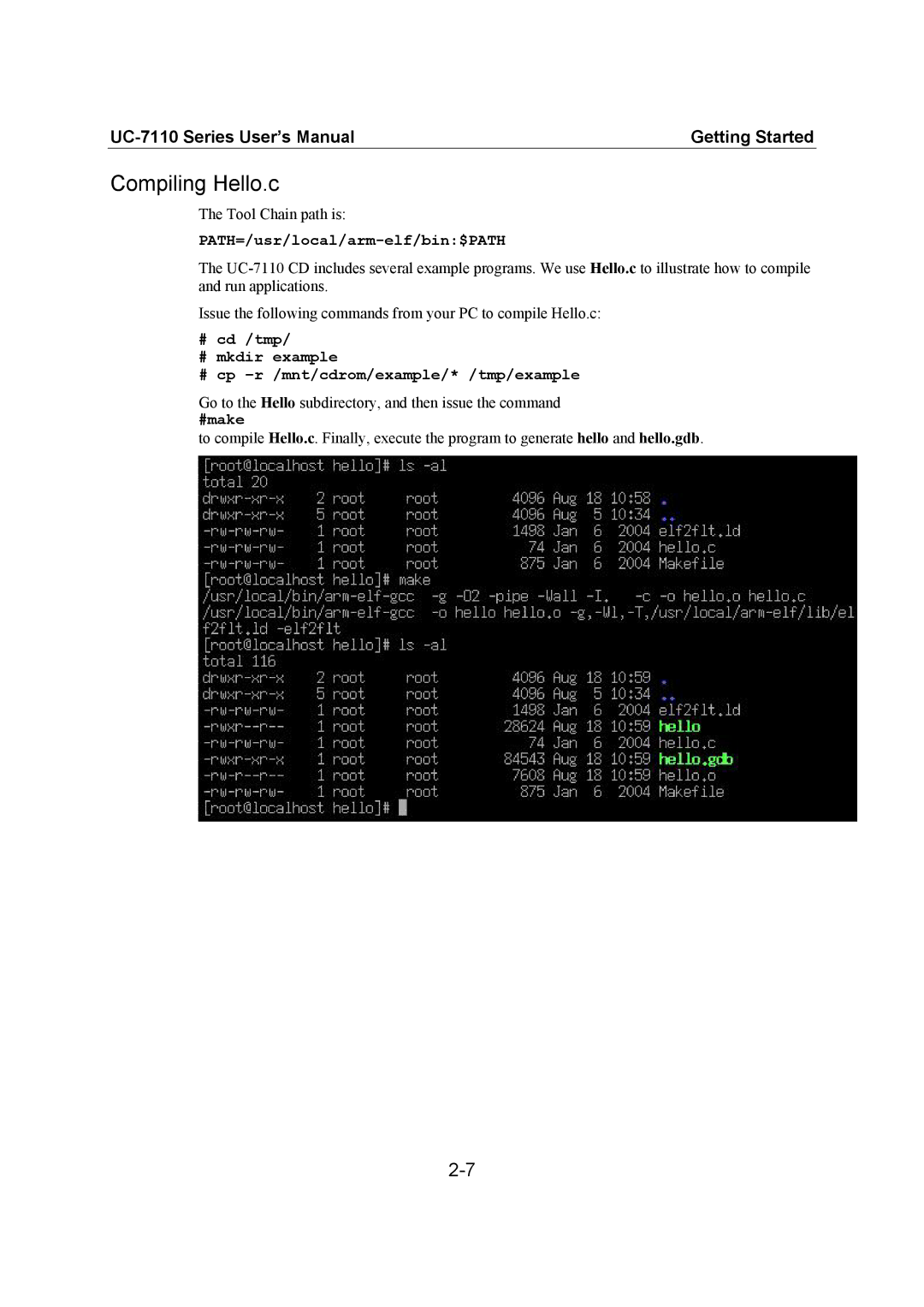 Moxa Technologies UC-7110 user manual Compiling Hello.c, PATH=/usr/local/arm-elf/bin$PATH, #make 