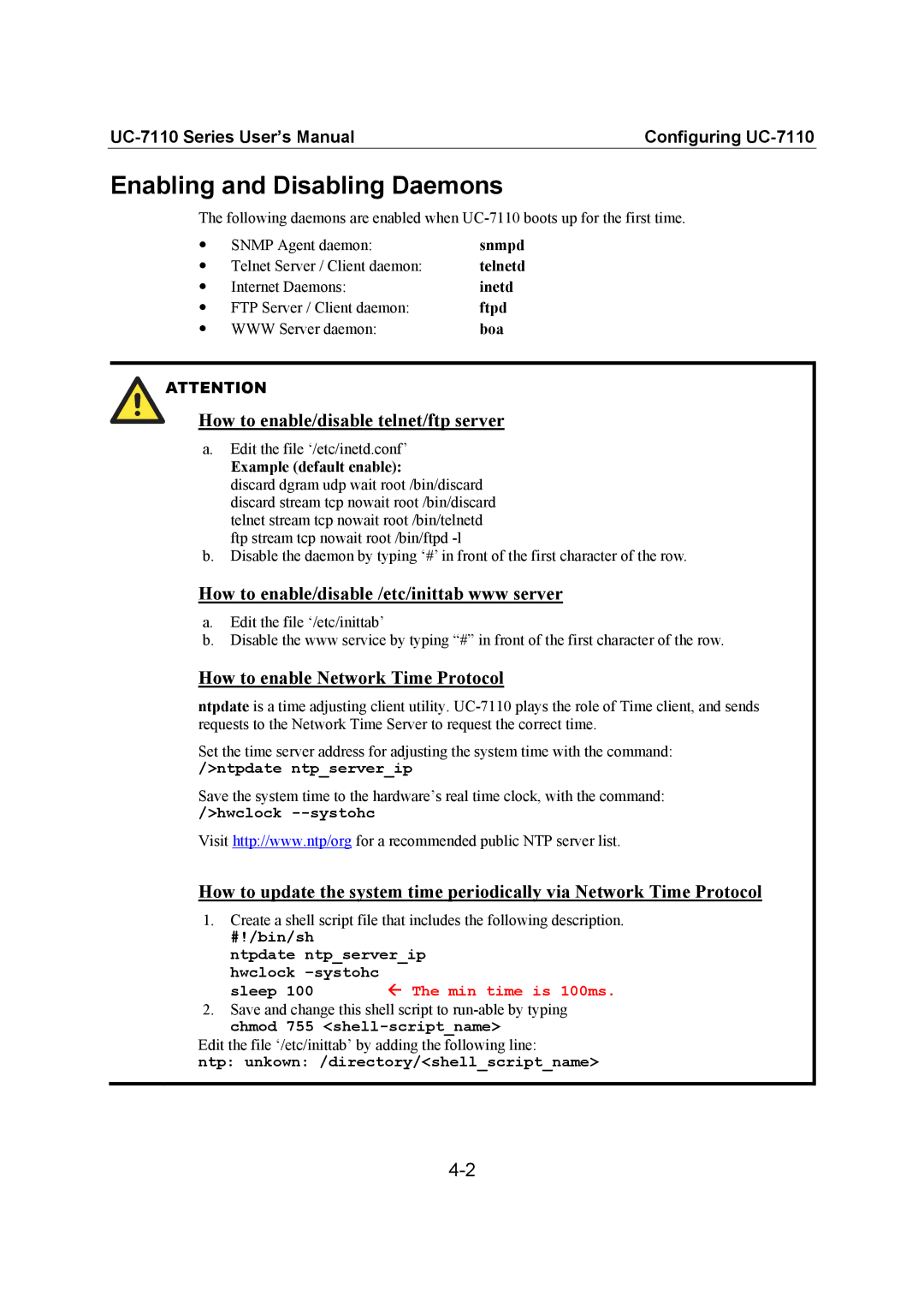 Moxa Technologies UC-7110 user manual Enabling and Disabling Daemons, Inetd, Example default enable 